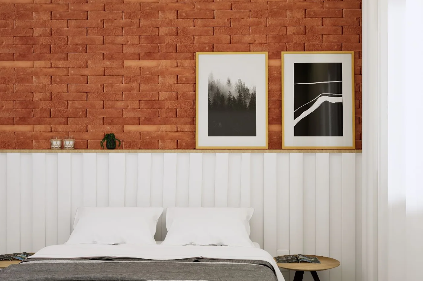 Dormitório entregue, com painel ripado e parede em tijolo aparente